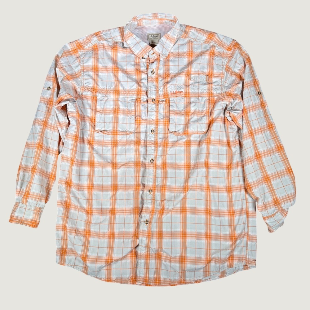 LL Bean Mens XL Tall Fishing Shirt Orange White Plaid Long Sleeve Ventilated